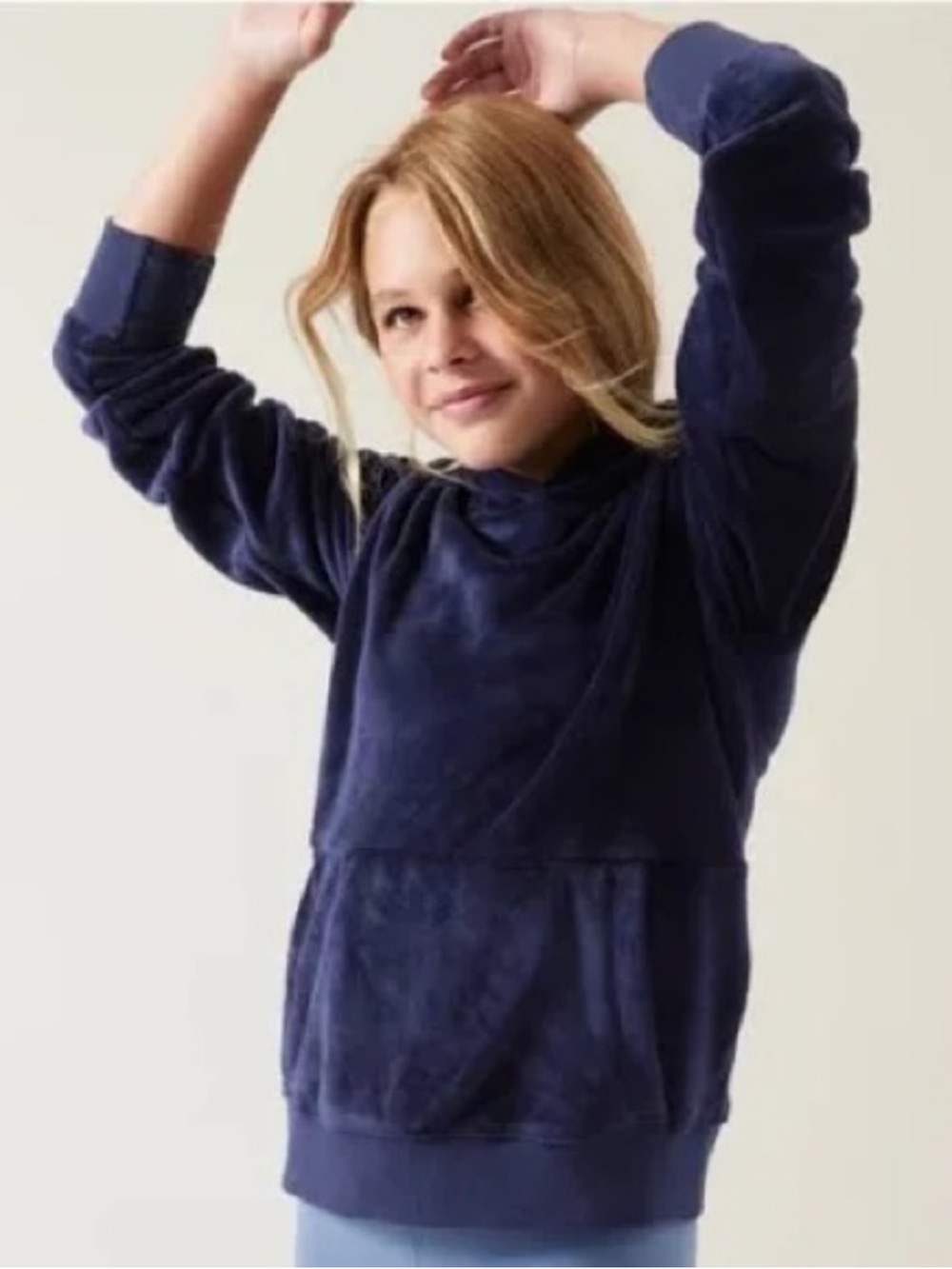Athleta Girl Feelin Great Navy Plush Velour Pullover Hoodie size 14